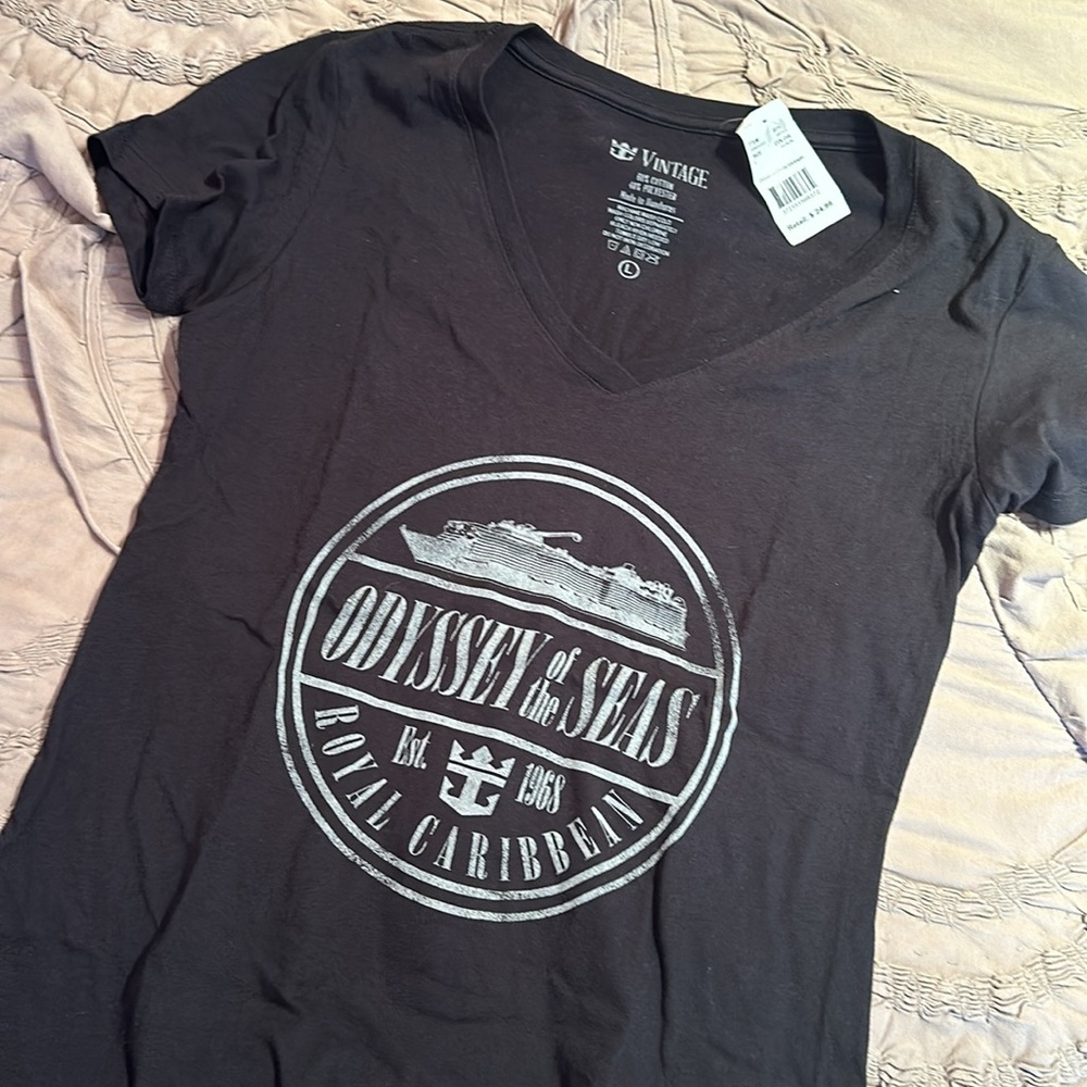 Caribbean Black V-Neck Tee with Silver Odyssey of the Seas Emblem